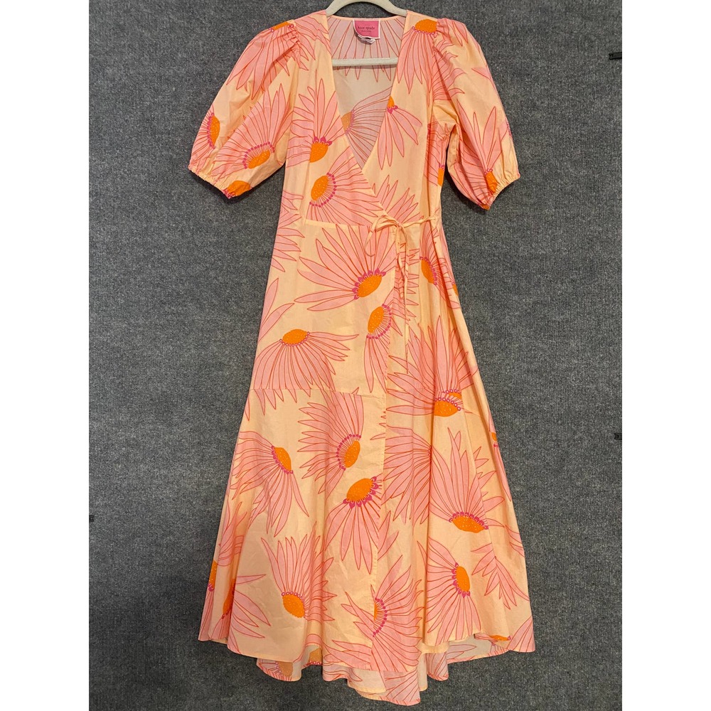 Kate Spade NY Midi Dress 0 XS Pink Falling Flower Wrap Short Sleeve Runway - Picture 3 of 15